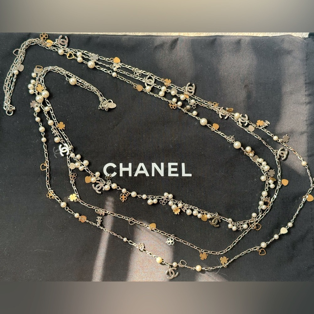CHANEL 3 tier pearl charm necklace